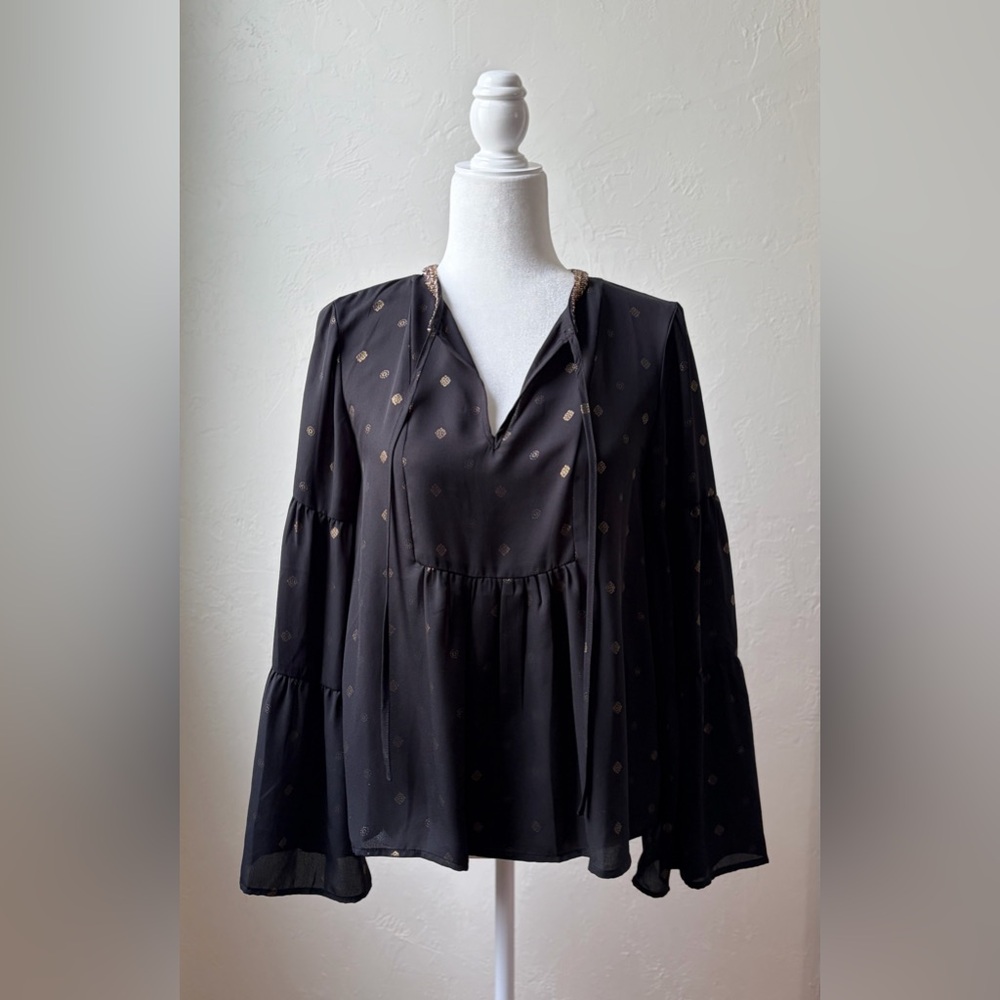 Altar’d State Beaded Boho Peplum Blouse Black Gold Dot XS